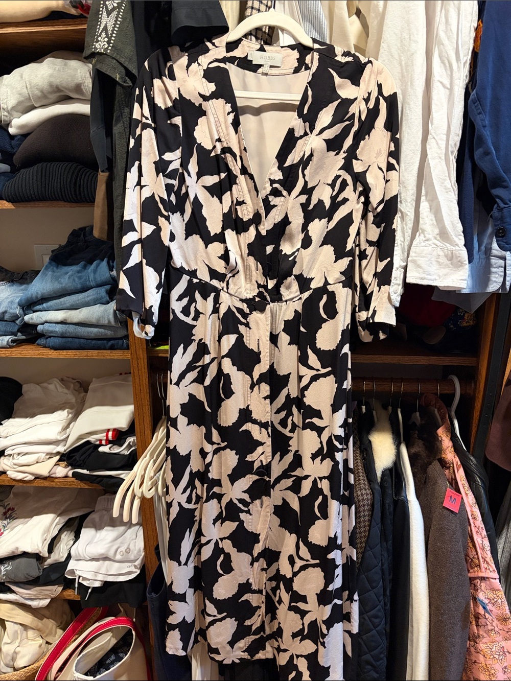 Black Floral V-Neck Midi Dress with Cream Print